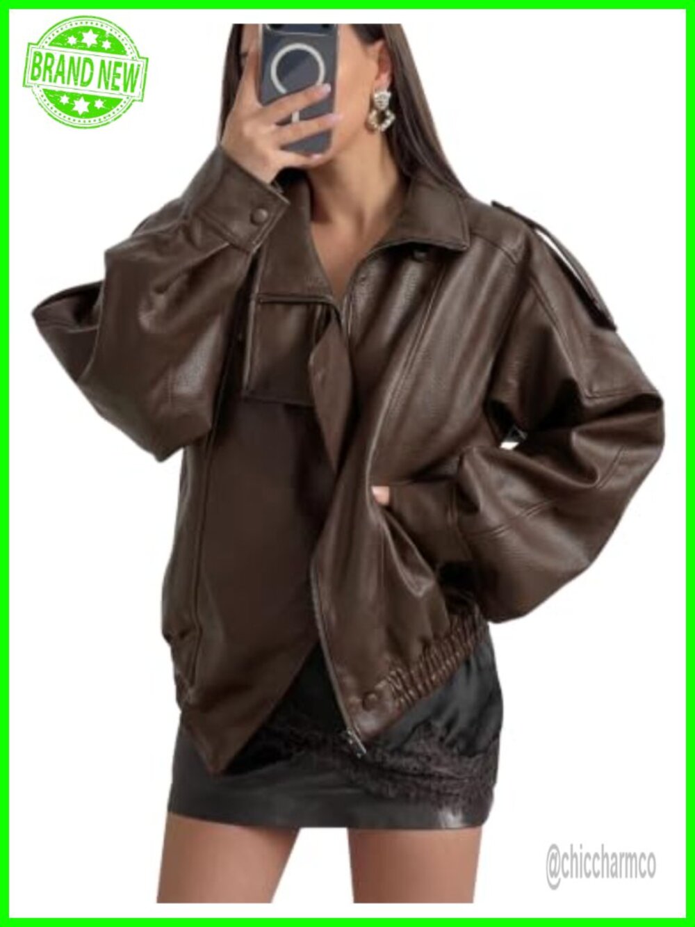 Faux Leather Oversized Bomber Jacket Funnel Neck Zip